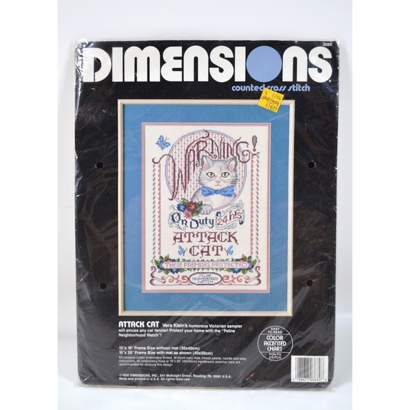 1990 Dimensions " Attack Cat " Counted Cross Stitch Kit #3689 NEW Open Complete - Picture 1 of 6